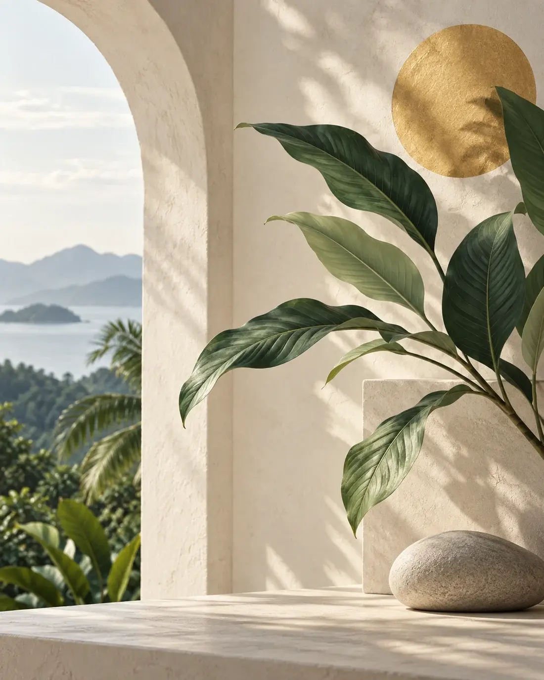 Sunlight falling on green tropical leaves and a warm stone arch